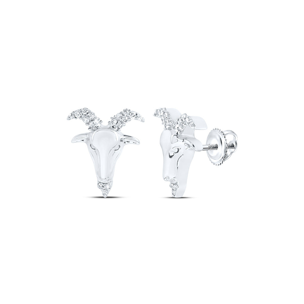 10kt White Gold Round Diamond Zodiac Aries Goat Stud Earrings 1/10 Cttw