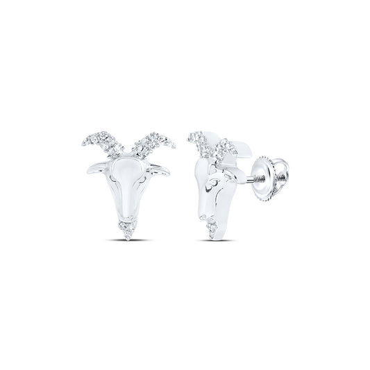 10kt White Gold Round Diamond Zodiac Aries Goat Stud Earrings 1/10 Cttw