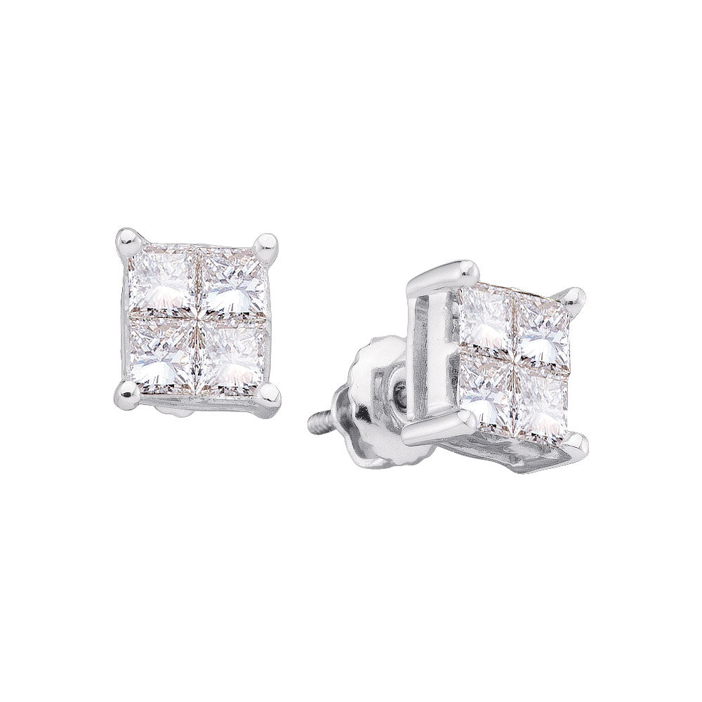 14kt White Gold Womens Princess Diamond Square Cluster Stud Earrings 1/3 Cttw