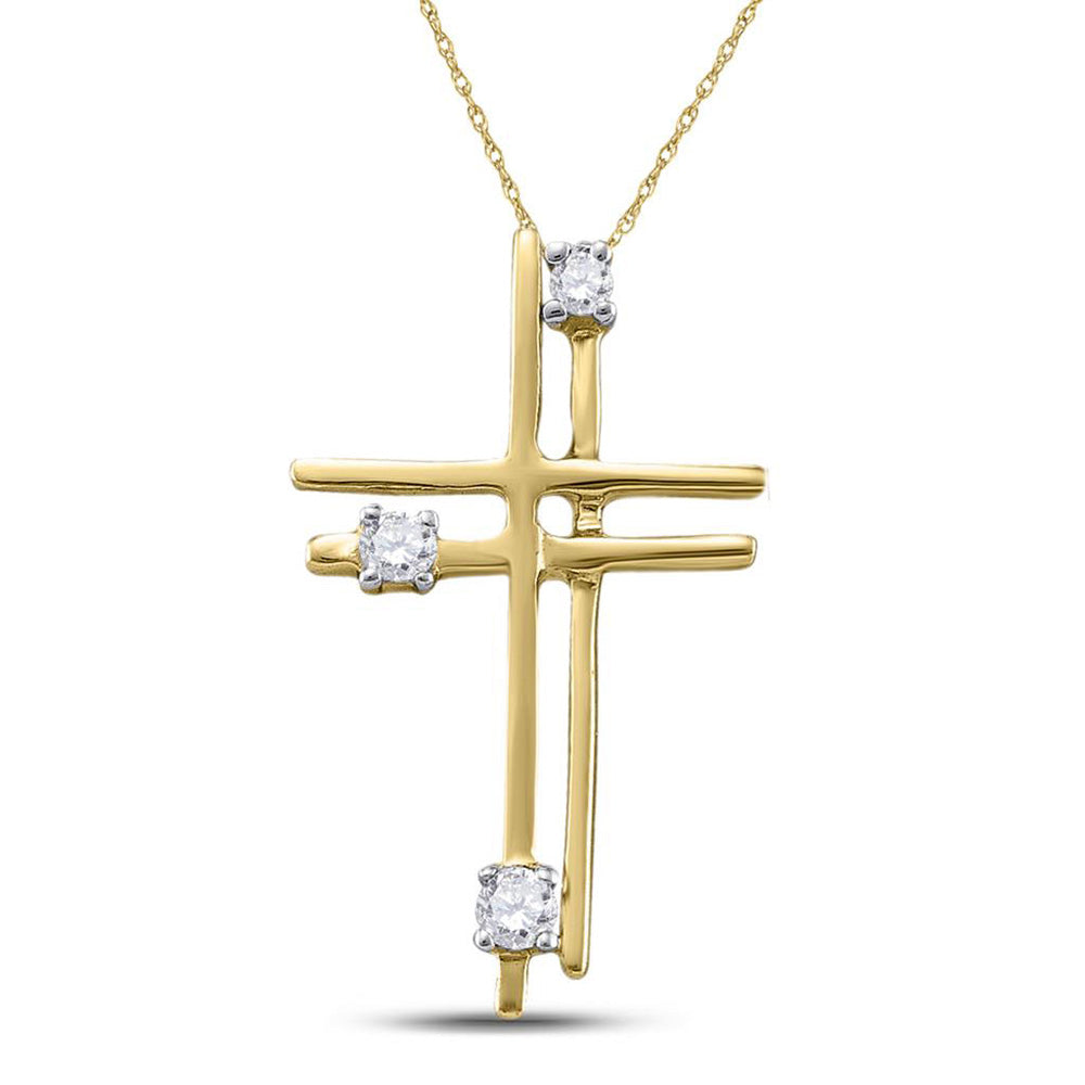 14kt Yellow Gold Womens Round Diamond Simple Layered Cross Pendant 1/20 Cttw