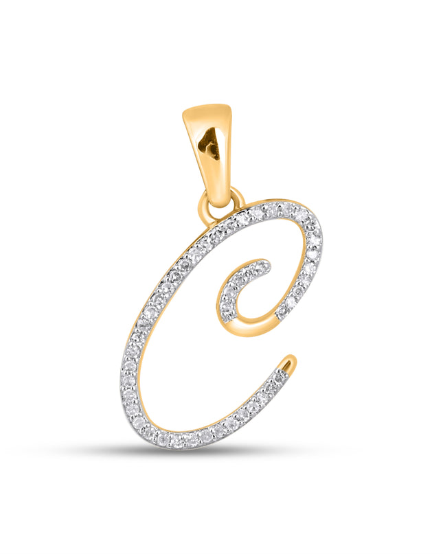 10K Yellow Gold Round Diamond C Letter Initial Pendant 1/8 Cttw