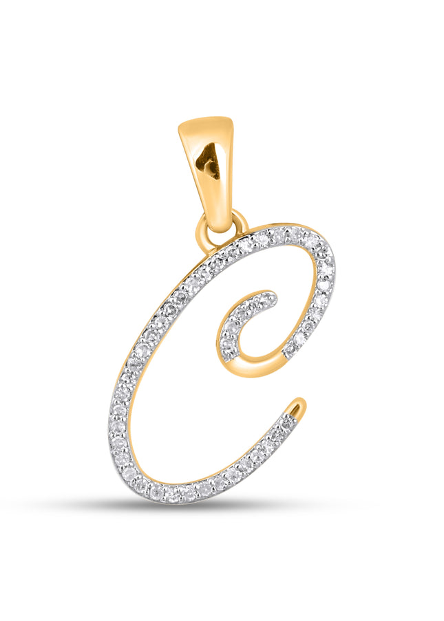 10K Yellow Gold Round Diamond C Letter Initial Pendant 1/8 Cttw