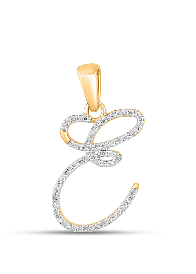 10K Yellow Gold Round Diamond E Letter Initial Pendant 1/6 Cttw