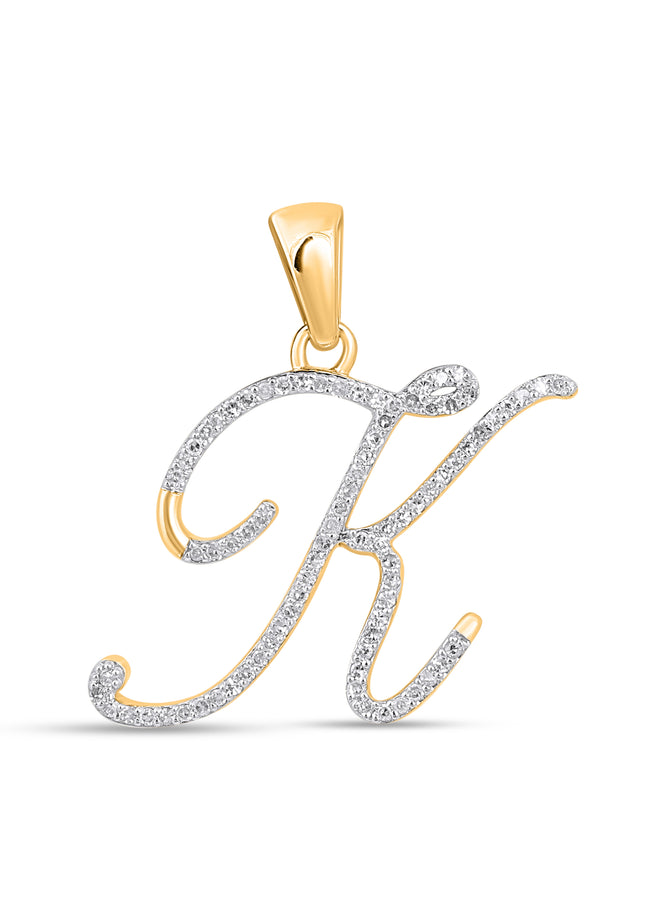 10K Yellow Gold Round Diamond K Letter Initial Pendant 1/8 Cttw