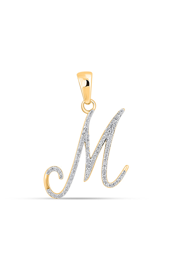 10K Yellow Gold Round Diamond M Letter Initial Pendant 1/8 Cttw
