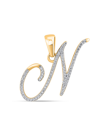 10K Yellow Gold Round Diamond N Letter Initial Pendant 1/8 Cttw