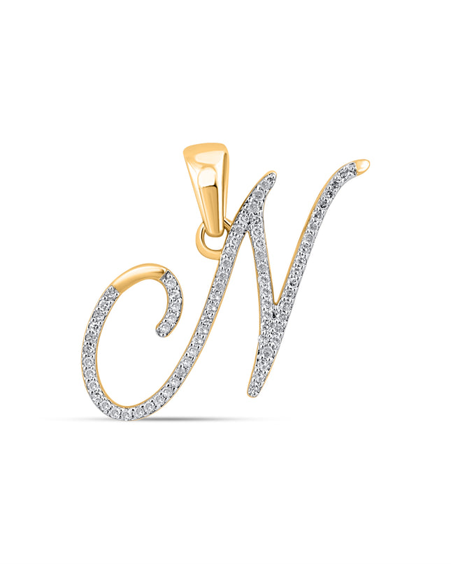 10K Yellow Gold Round Diamond N Letter Initial Pendant 1/8 Cttw