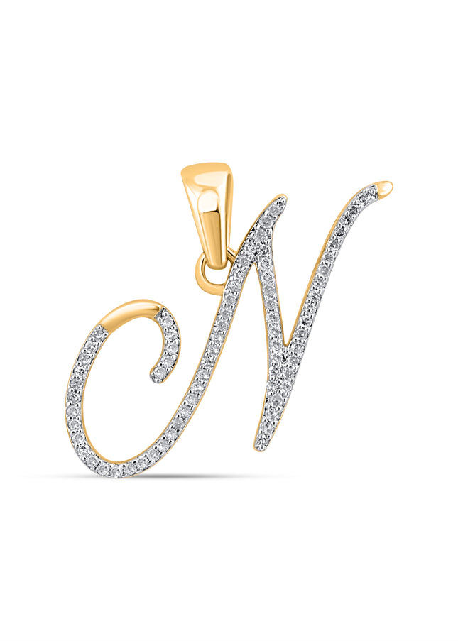 10K Yellow Gold Round Diamond N Letter Initial Pendant 1/8 Cttw