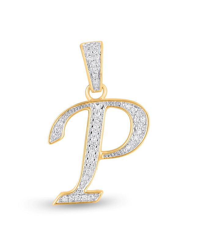 10K Yellow Gold Round Diamond P Letter Initial Pendant 1/10 Cttw