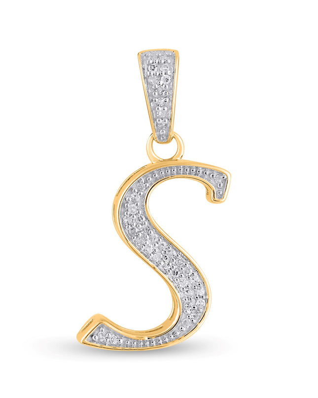 10K Yellow Gold Round Diamond S Letter Initial Pendant 1/10 Cttw