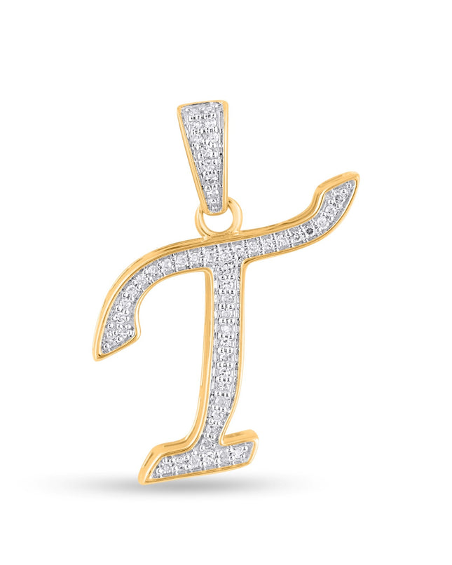 10K Yellow Gold Round Diamond T Letter Initial Pendant 1/10 Cttw