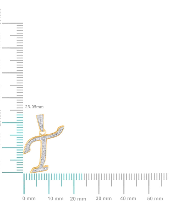 10K Yellow Gold Round Diamond T Letter Initial Pendant 1/10 Cttw