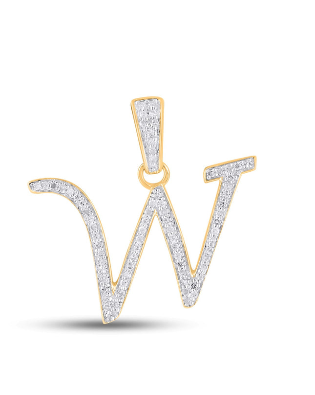 10K Yellow Gold Round Diamond W Letter Initial Pendant 1/10 Cttw
