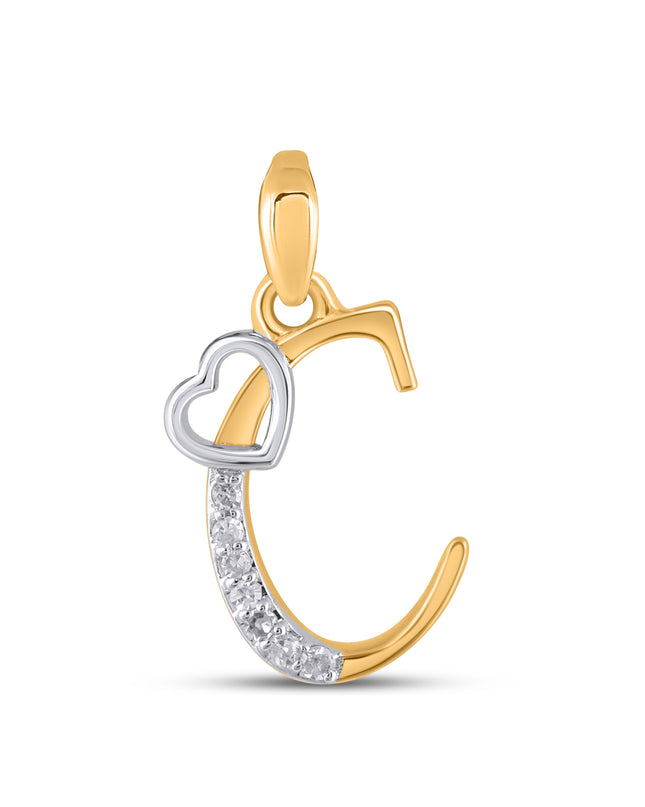 10K Yellow Gold Round Diamond C Letter Initial With Heart Pendant 1/10 Cttw