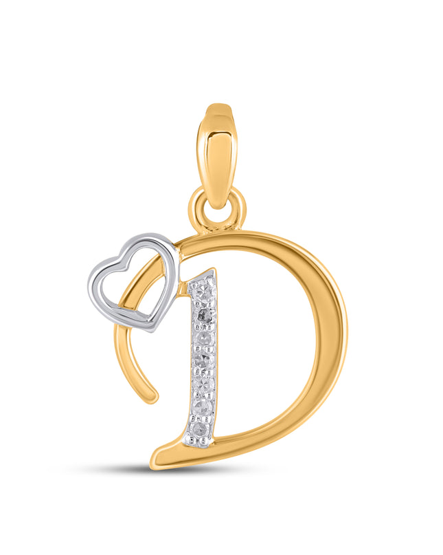 10K Yellow Gold Round Diamond D Letter Initial With Heart Pendant 1/10 Cttw