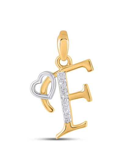 10K Yellow Gold Round Diamond F Letter Initial With Heart Pendant 1/10 Cttw