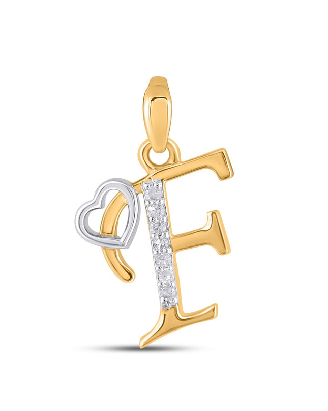 10K Yellow Gold Round Diamond F Letter Initial With Heart Pendant 1/10 Cttw
