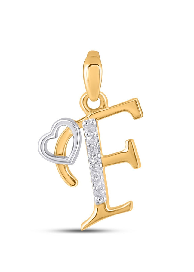 10K Yellow Gold Round Diamond F Letter Initial With Heart Pendant 1/10 Cttw