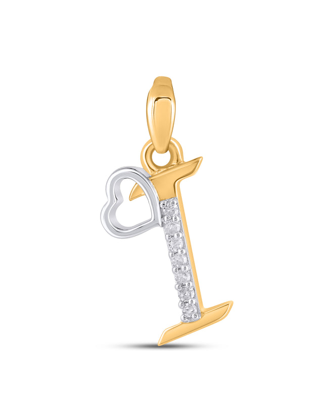 10K Yellow Gold Round Diamond I Letter Initial With Heart Pendant 1/10 Cttw