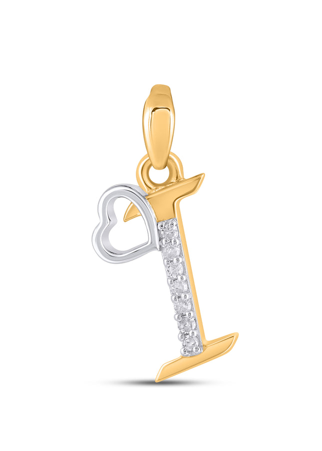 10K Yellow Gold Round Diamond I Letter Initial With Heart Pendant 1/10 Cttw