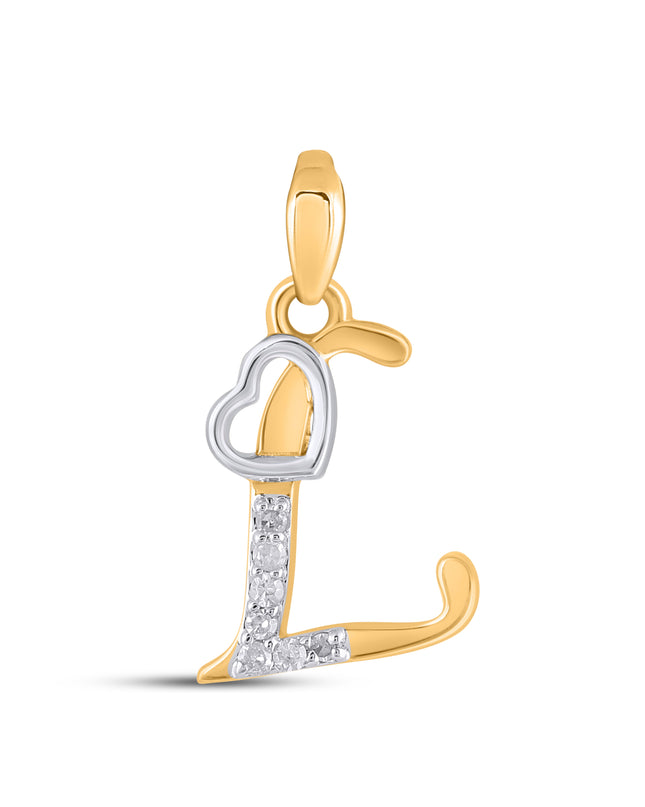 10K Yellow Gold Round Diamond L Letter Initial With Heart Pendant 1/10 Cttw