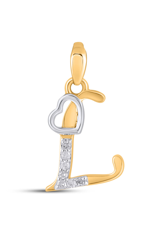 10K Yellow Gold Round Diamond L Letter Initial With Heart Pendant 1/10 Cttw