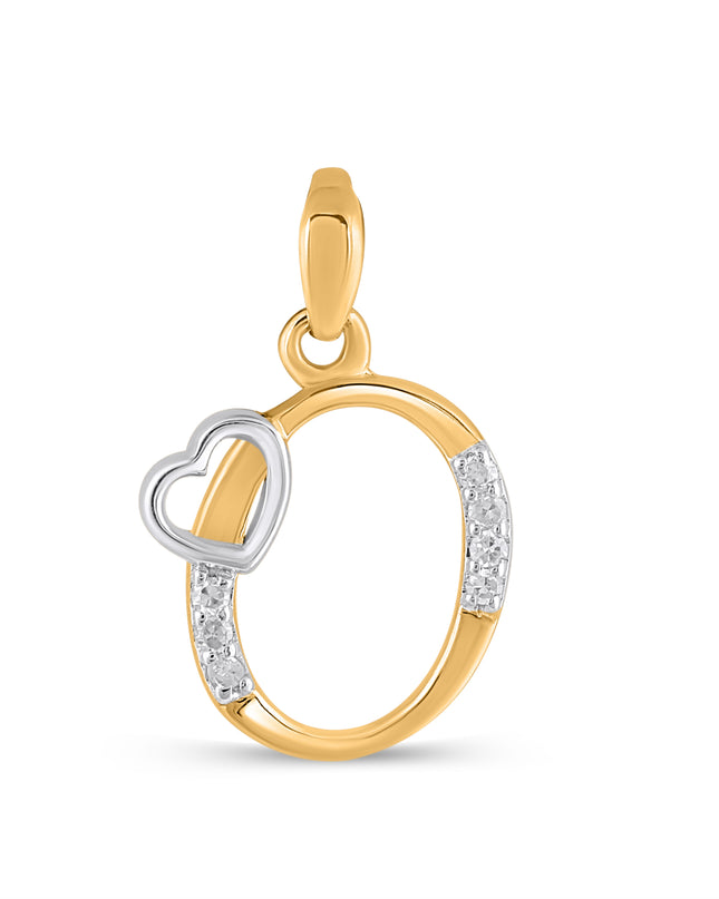 10K Yellow Gold Round Diamond O Letter Initial With Heart Pendant 1/10 Cttw