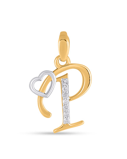 10K Yellow Gold Round Diamond P Letter Initial With Heart Pendant 1/10 Cttw