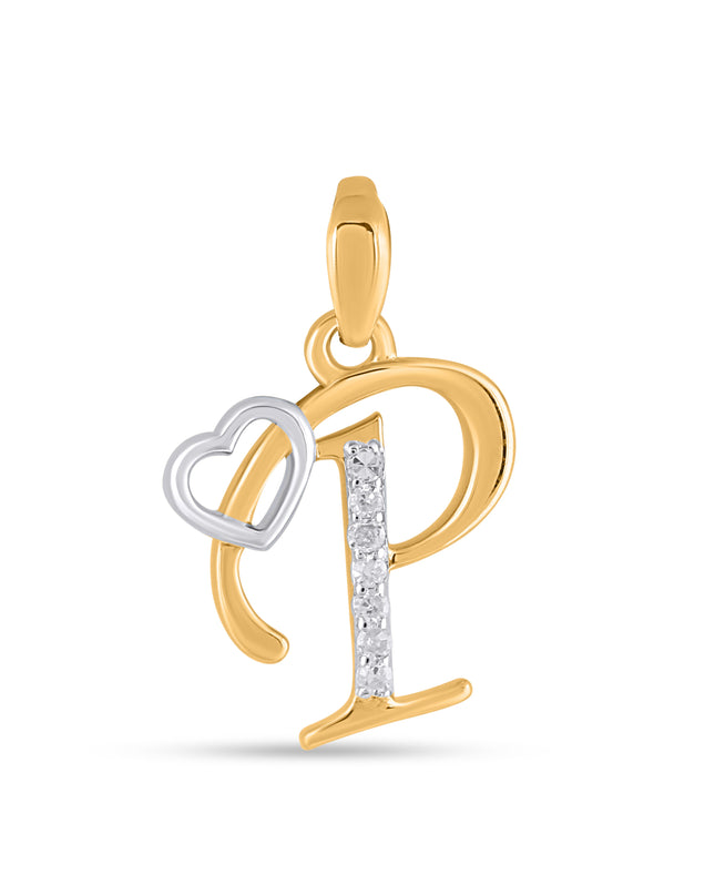 10K Yellow Gold Round Diamond P Letter Initial With Heart Pendant 1/10 Cttw
