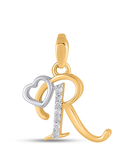 10K Yellow Gold Round Diamond R Letter Initial With Heart Pendant 1/10 Cttw