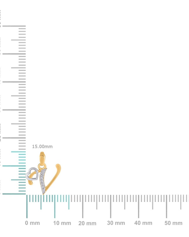 10K Yellow Gold Round Diamond V Letter Initial With Heart Pendant 1/10 Cttw