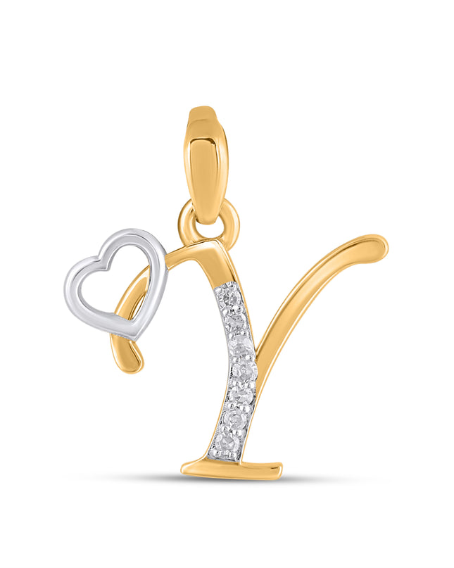 10K Yellow Gold Round Diamond Y Letter Initial With Heart Pendant 1/10 Cttw