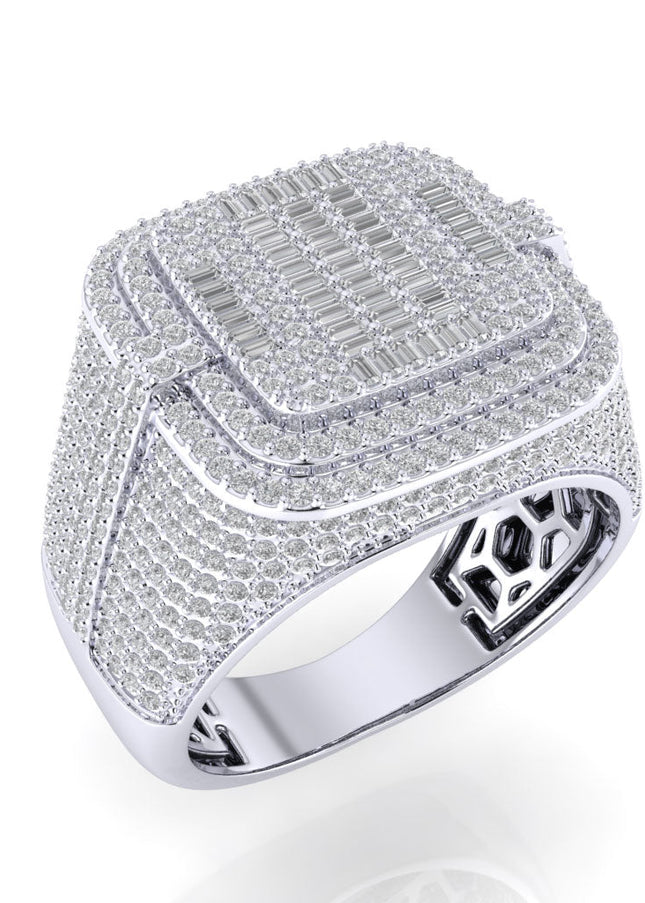Sterling Silver Round Baguette Diamond SZ 10 Mens Designer Ring 1-7/8 Cttw