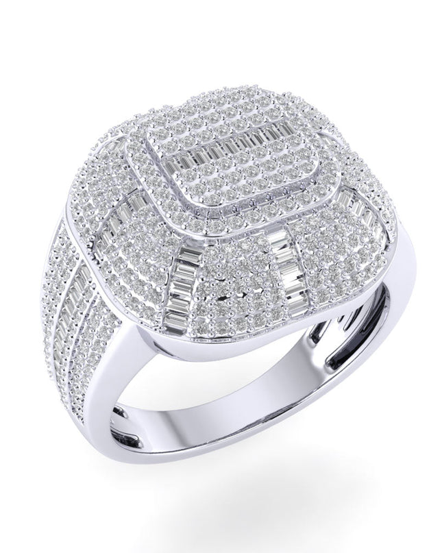 Sterling Silver Round Baguette Diamond SZ 10 Mens Designer Ring 1-1/2 Cttw