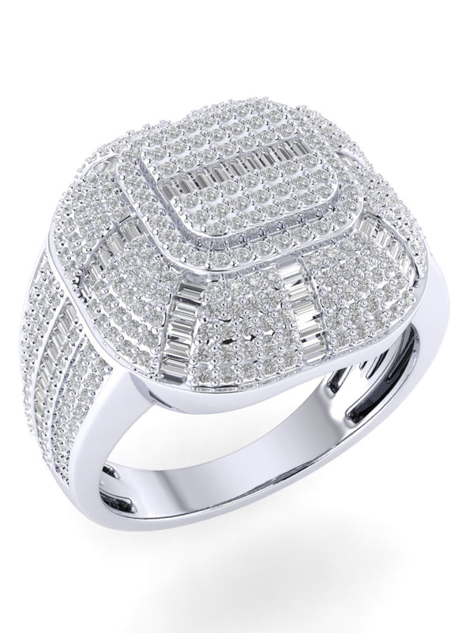 Sterling Silver Round Baguette Diamond SZ 10 Mens Designer Ring 1-1/2 Cttw