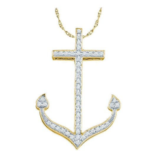 10k Yellow Gold Round Diamond Womens Anchor Nautical Pendant 1/6 Cttw