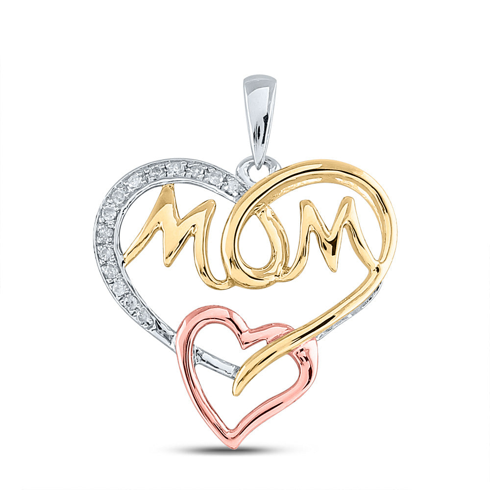 Tri-Tone Sterling Silver Womens Round Diamond Mom Heart Pendant 1/20 Cttw