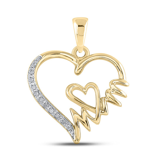 Yellow-tone Sterling Silver Womens Round Diamond Mom Heart Pendant 1/20 Cttw