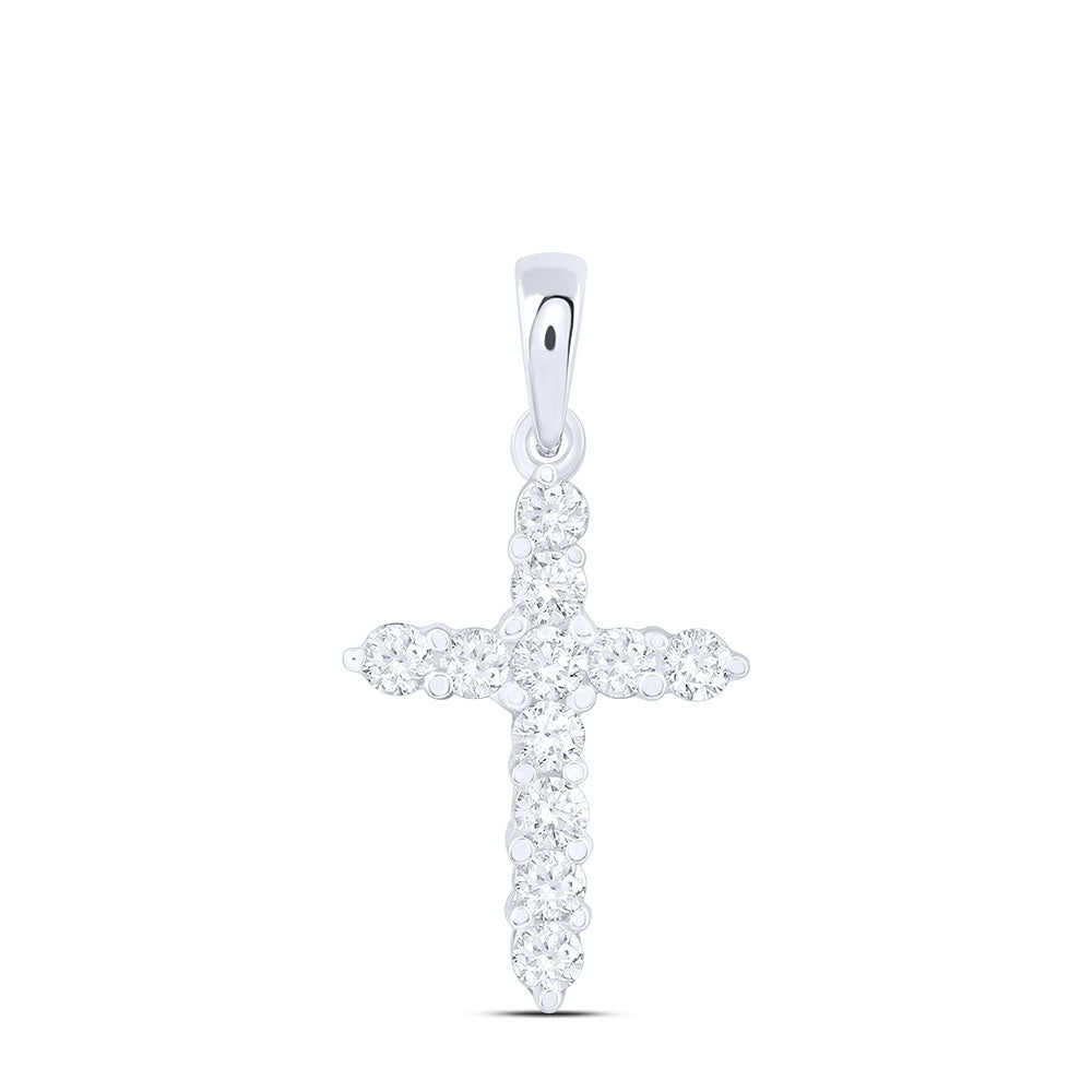 14kt White Gold Womens Round Diamond Cross Religious Pendant 1/4 Cttw