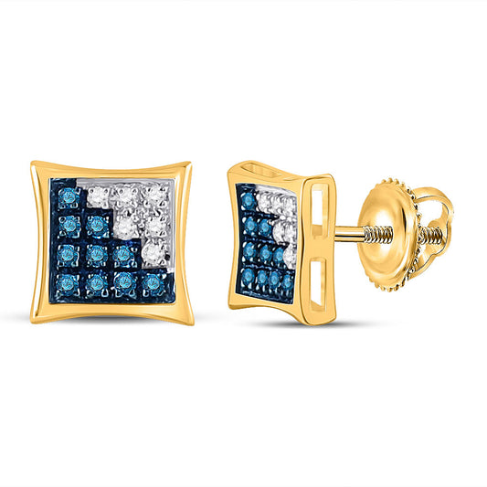 10kt Yellow Gold Round Blue Color Enhanced Diamond Square Earrings 1/10 Cttw