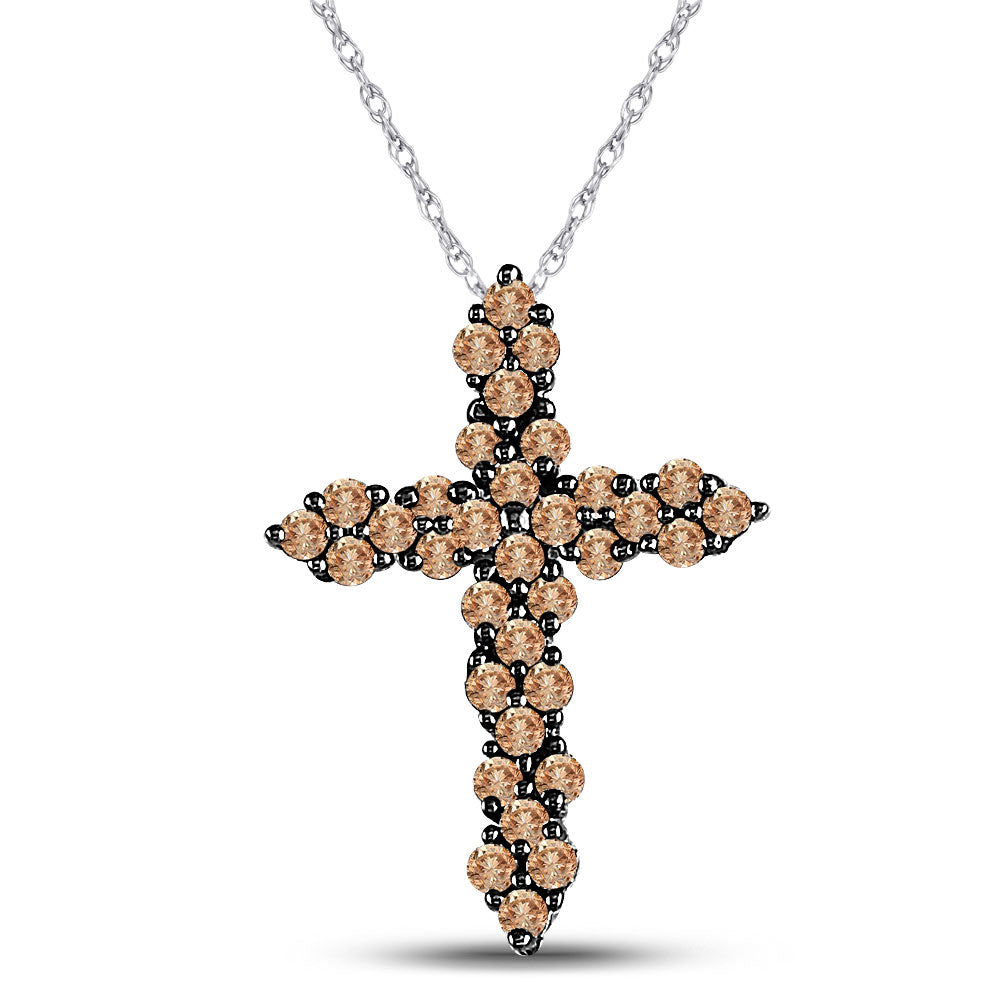 10kt White Gold Womens Round Brown Diamond Cross Pendant 1/2 Cttw