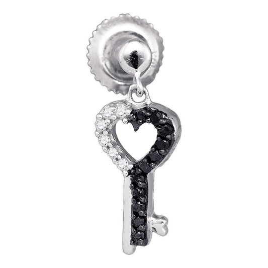 10kt White Gold Womens Round Black Color Enhanced Diamond Key Heart Dangle Earrings 1/6 Cttw