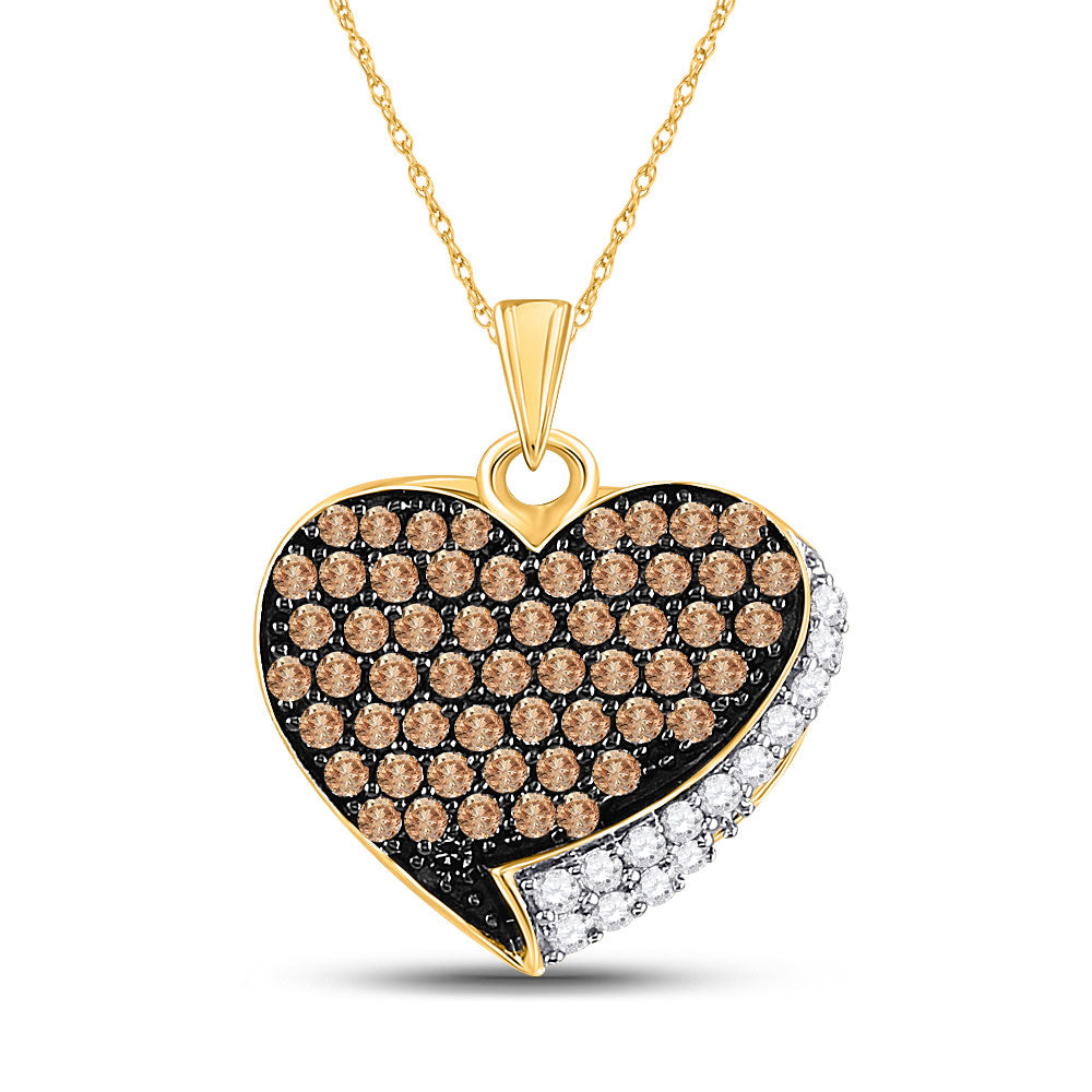 10kt Yellow Gold Womens Round Brown Diamond Heart Pendant 7/8 Cttw