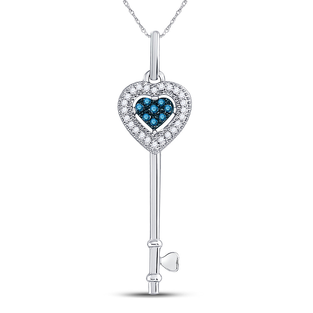 10kt White Gold Womens Round Blue Color Enhanced Diamond Key Love Pendant 1/10 Cttw