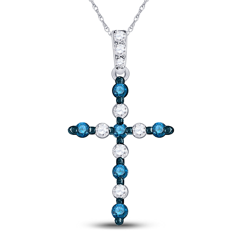 10kt White Gold Womens Round Blue Color Enhanced Diamond Cross Pendant 1/4 Cttw