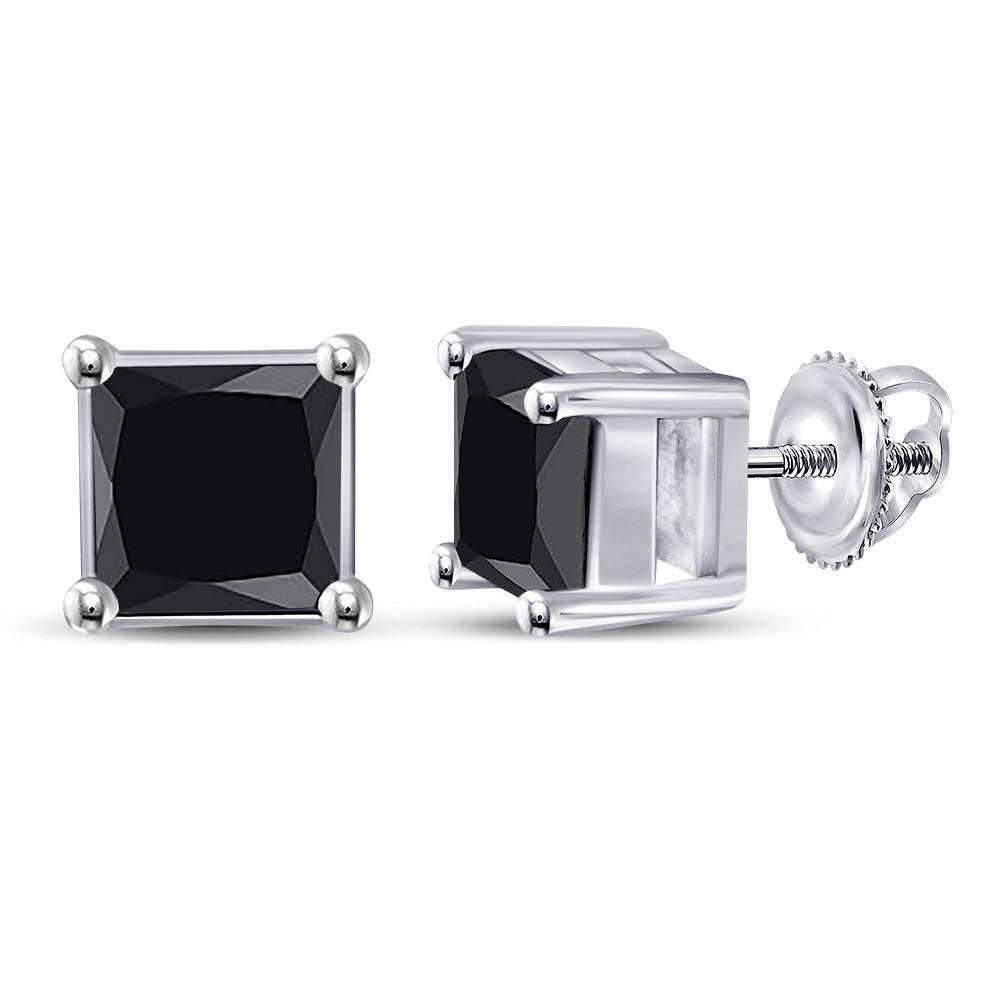 10kt White Gold Princess Black Color Enhanced Diamond Stud Earrings 1-1/2 Cttw