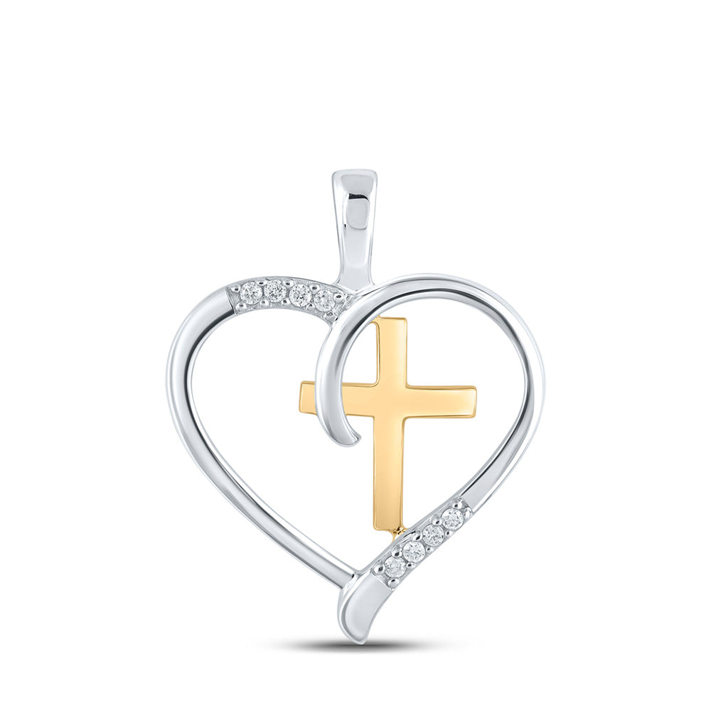 Sterling Silver Womens Round Diamond Cross Heart Pendant 1/20 Cttw