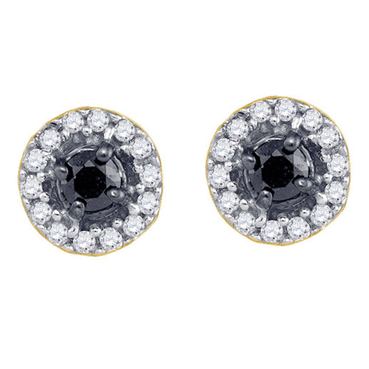 10kt Yellow Gold Womens Round Black Color Enhanced Diamond Cluster Earrings 1/5 Cttw