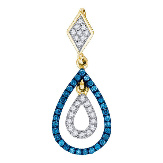 10kt Yellow Gold Womens Round Blue Color Enhanced Diamond Teardrop Pendant 1/5 Cttw