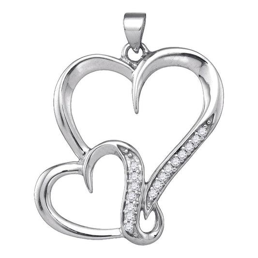 Sterling Silver Womens Round Diamond Double Heart Pendant 1/10 Cttw